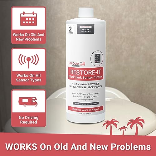 Unique Restore-It RV Black Tank Sensor Cleaner Liquid - Cleans and Restore Misreading Sensor Probes by Removing Stuck-On Waste - 2 Treatments Per Bottle (32 oz) - Image 5