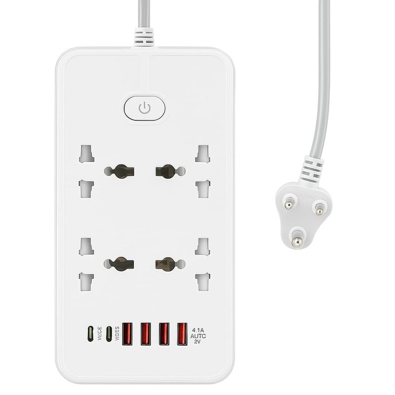 BOVTY Extension Board, Power Strip with 4 USB Ports and 4 Universal Socket, 2500W 10A Extension Cord, 3-Pin Surge Protector Power Strip for Home, Office, Computer, Mobile Charging-Z66-White - Image 1