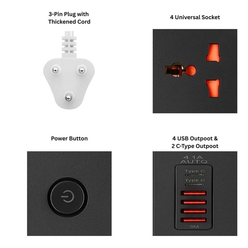 BOVTY Extension Board, Power Strip with 4 USB Ports and 4 Universal Socket, 2500W 10A Extension Cord, 3-Pin Surge Protector Power Strip for Home, Office, Computer, Mobile Charging-Z66-White - Image 5