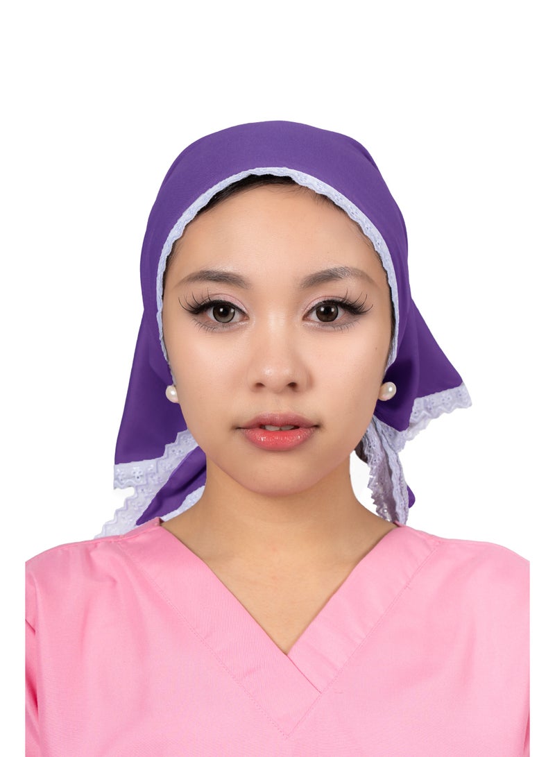 وشاح مربع أنيق، حواف دانتيل بيضاء، قماش ناعم وخفيف الوزن، غطاء رأس/مربية أطفال/مربية أطفال، قطن، مقاس واحد