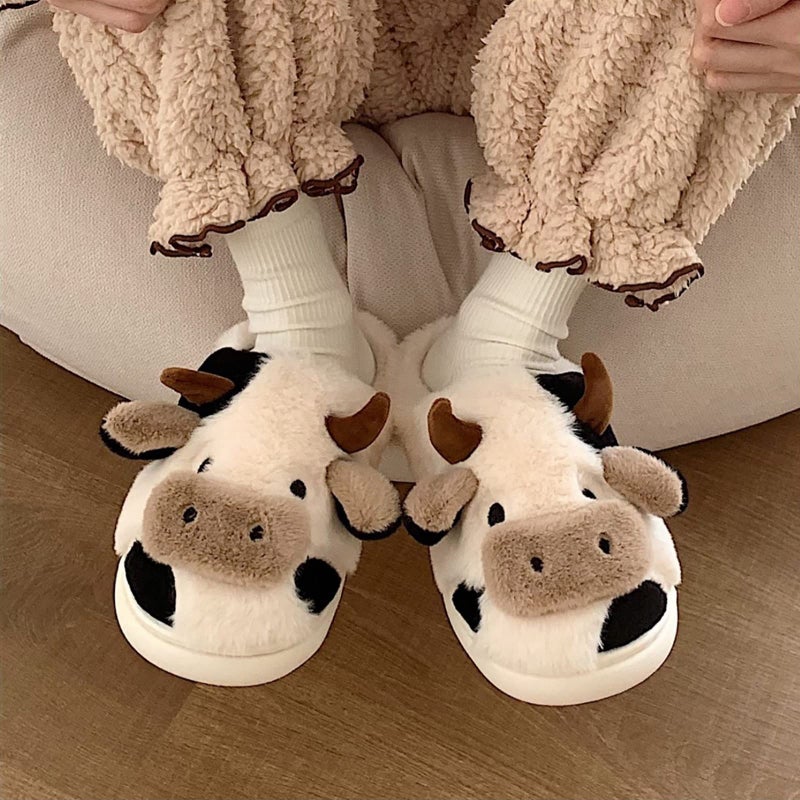 PUWAN Fuzzy Cow Slippers for Women Men, Cute Cotton Animals House Slippers Fluffy Plush Slipper Girls Indoor Living Room Bedroom Garden Use, Size 8.5-9.5 - Image 2