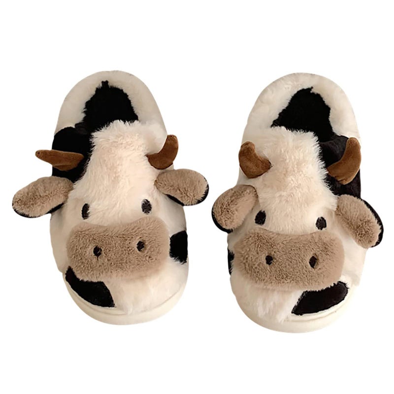 PUWAN Fuzzy Cow Slippers for Women Men, Cute Cotton Animals House Slippers Fluffy Plush Slipper Girls Indoor Living Room Bedroom Garden Use, Size 8.5-9.5 - Image 1