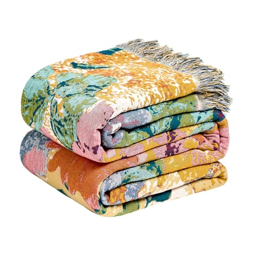 LUTBM Boho Throw Blanket for Couch Sofa Chair Cotton Summer Blankets for Bedroom Living Room All Season Soft Lightweight Reversible Floral Embroidery Breathable Decorative Throws 50"x60" - Image 1
