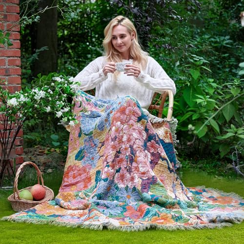 LUTBM Boho Throw Blanket for Couch Sofa Chair Cotton Summer Blankets for Bedroom Living Room All Season Soft Lightweight Reversible Floral Embroidery Breathable Decorative Throws 50"x60" - Image 5