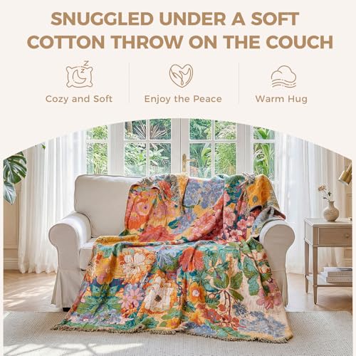 LUTBM Boho Throw Blanket for Couch Sofa Chair Cotton Summer Blankets for Bedroom Living Room All Season Soft Lightweight Reversible Floral Embroidery Breathable Decorative Throws 50"x60" - Image 4