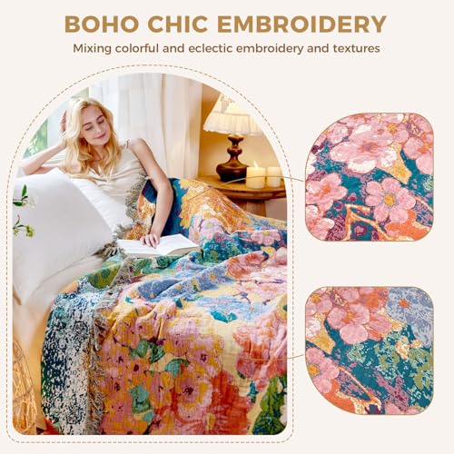 LUTBM Boho Throw Blanket for Couch Sofa Chair Cotton Summer Blankets for Bedroom Living Room All Season Soft Lightweight Reversible Floral Embroidery Breathable Decorative Throws 50"x60" - Image 3
