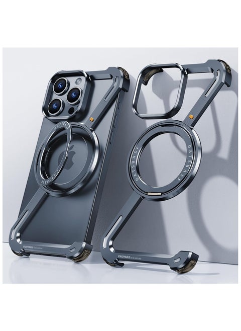 Frameless Case for iPhone 15 Pro Max – Slim, Hard, and Shockproof Design with MagSafe Compatibility, 360° Rotatable Magnetic Kickstand, and Built-In Ring Holder.
