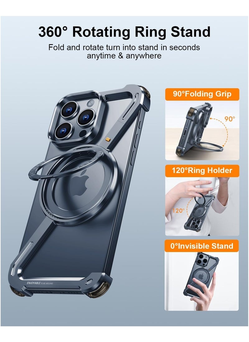 Frameless Case for iPhone 15 Pro Max – Slim, Hard, and Shockproof Design with MagSafe Compatibility, 360° Rotatable Magnetic Kickstand, and Built-In Ring Holder.