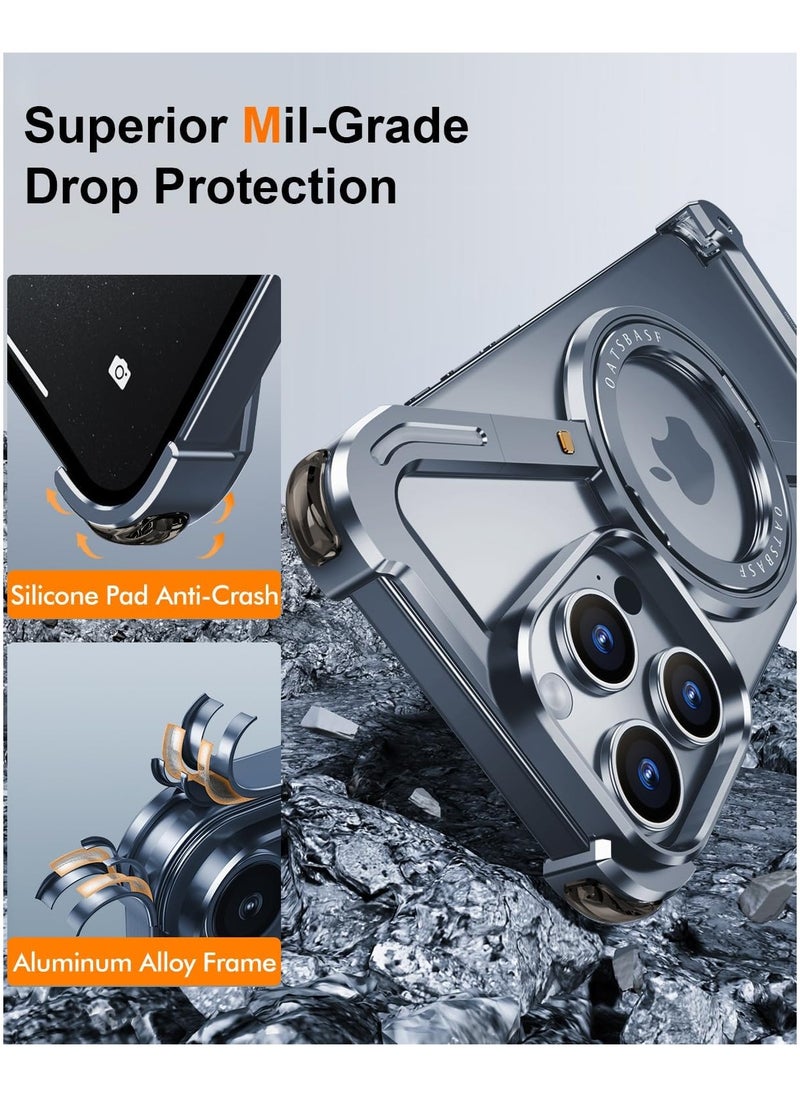 Frameless Case for iPhone 15 Pro Max – Slim, Hard, and Shockproof Design with MagSafe Compatibility, 360° Rotatable Magnetic Kickstand, and Built-In Ring Holder.