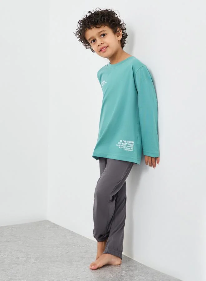 ستايلي Styli Slogan Print Long Sleeves T-Shirt and Pyjama Set