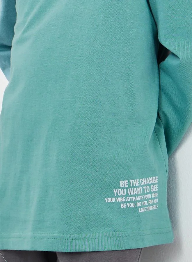 ستايلي Styli Slogan Print Long Sleeves T-Shirt and Pyjama Set