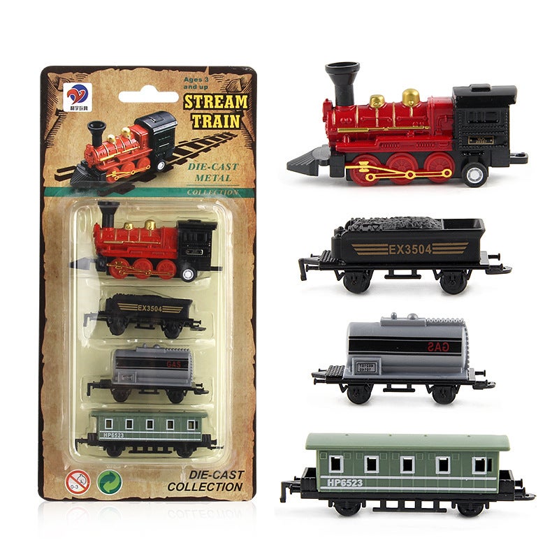 Foreign trade English version alloy car model retro steam back force simulation train childrens toy car can be freely spliced YL517 red 85 grams 