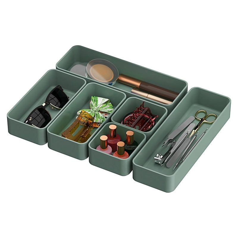 CHANCETSUI 6 PCS Stackable Drawer Organizers Set, Versatile Desk and Vanity Drawer Organizer Trays, Storage Bins for Makeup, Bathroom, Bedroom, Kitchen and Office, Green - Image 1