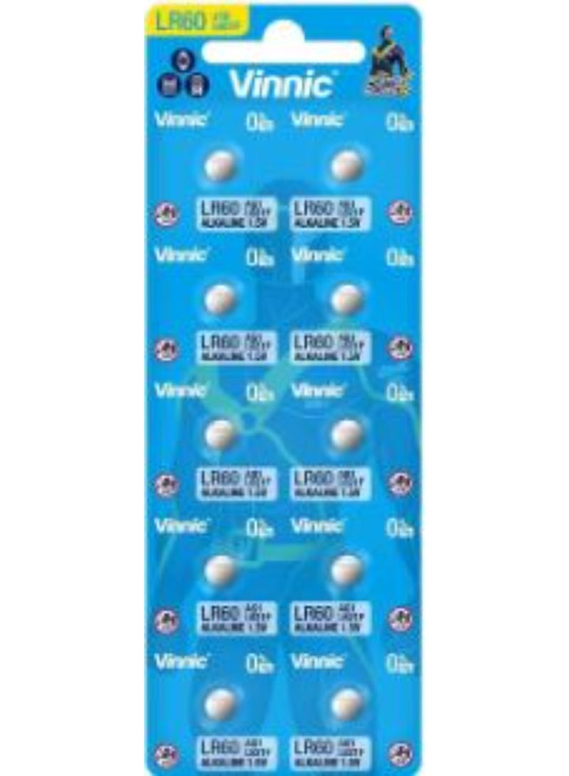 عبوة من 10 بطاريات قلوية Vinnic AG1 (L621F) (LR60) بجهد 1.5 فولت وخالية من الزئبق (0% Hg)