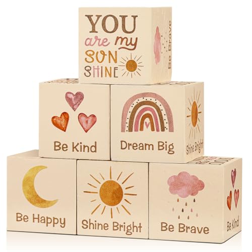 Vertintong 6 Pcs 1.6 Inch Inspirational Boho Rainbow Nursery Decor Baby Wooden Sun Clouds Rainbow Decor Wood Blocks Boho Rainbow Centerpiece Watercolor Shelf Decor for Nursery Bedroom Playroom Decor - Image 1