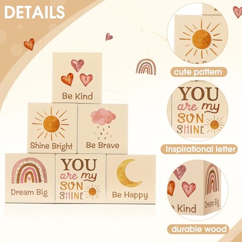 Vertintong 6 Pcs 1.6 Inch Inspirational Boho Rainbow Nursery Decor Baby Wooden Sun Clouds Rainbow Decor Wood Blocks Boho Rainbow Centerpiece Watercolor Shelf Decor for Nursery Bedroom Playroom Decor - Image 3