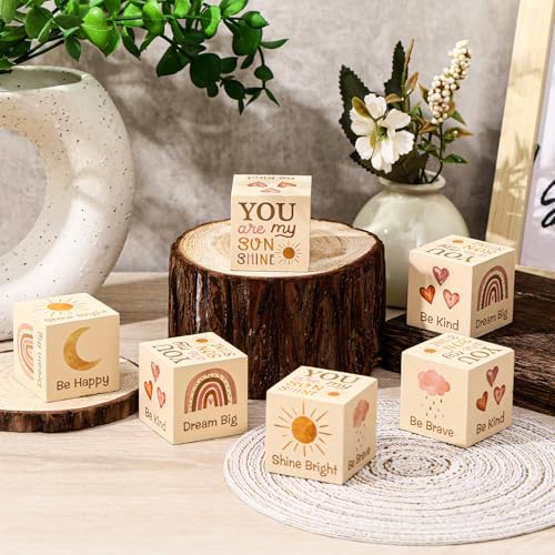 Vertintong 6 Pcs 1.6 Inch Inspirational Boho Rainbow Nursery Decor Baby Wooden Sun Clouds Rainbow Decor Wood Blocks Boho Rainbow Centerpiece Watercolor Shelf Decor for Nursery Bedroom Playroom Decor - Image 4