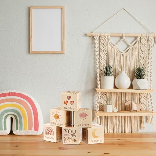Vertintong 6 Pcs 1.6 Inch Inspirational Boho Rainbow Nursery Decor Baby Wooden Sun Clouds Rainbow Decor Wood Blocks Boho Rainbow Centerpiece Watercolor Shelf Decor for Nursery Bedroom Playroom Decor - Image 5