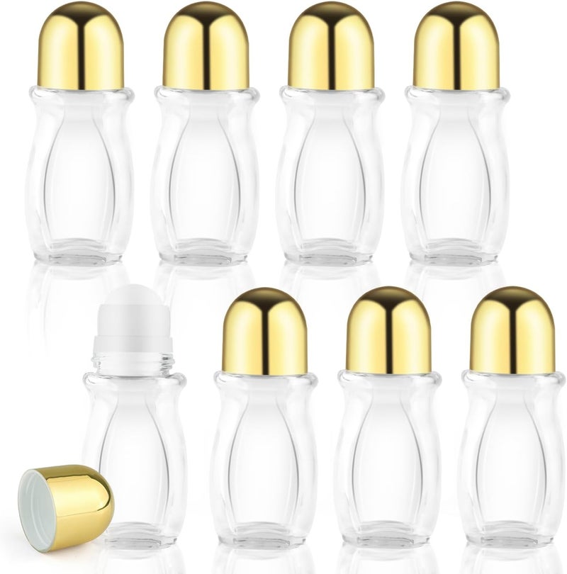 8Pcs 50ml/1.7oz Clear Glass Essential Oils Roller Bottles with Plastic Roller Ball and Gold Lid,Empty Deodorant Roller Ball Bottles,Refillable Massage Roll-on Bottles