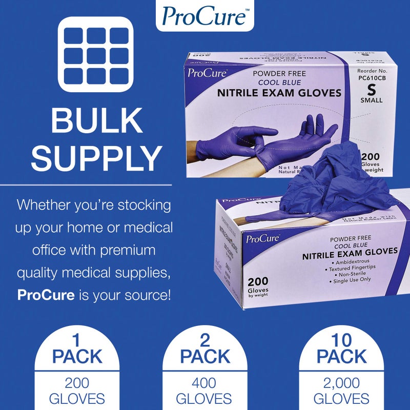 ProCure [200 Count Disposable Nitrile Gloves Large - Powder Free, Rubber Latex Free, Medical Exam Grade, Non Sterile, Ambidextrous - Soft with Textured Tips - Cool Blue - Image 3
