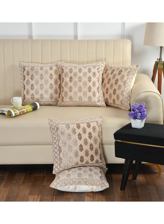 LOOMLYFE Jacquard Geomteric Cushion Covers 16 Inch X 16 Inch Set Of 5 Ethnic Motifs 240 TC Cushion Covers,Design- Ambi,Color- Beige - Image 1
