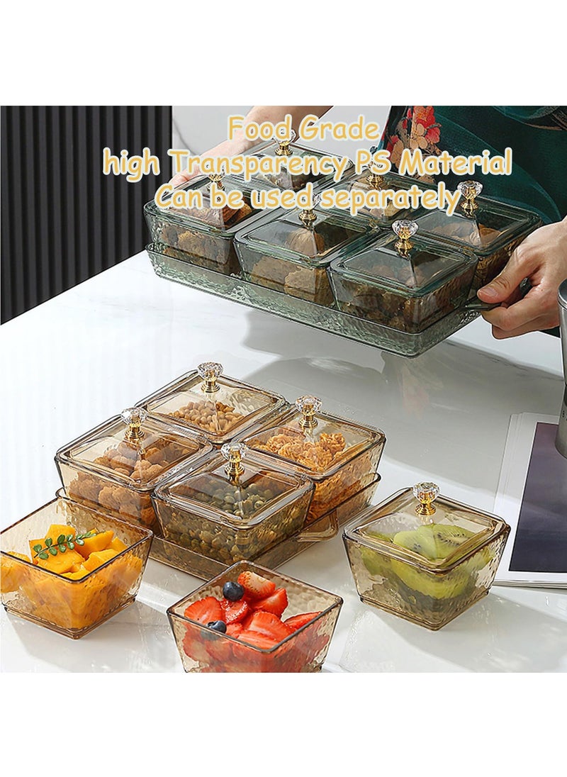 Snack Serving Tray with Lid 6 Clear Candy and Nut Serving Container set with Metal Rack, Plastic Appetizer Platter Relish Storage Organizer Plate Food Display Bowls for Vegetables Candy Fruit Dips