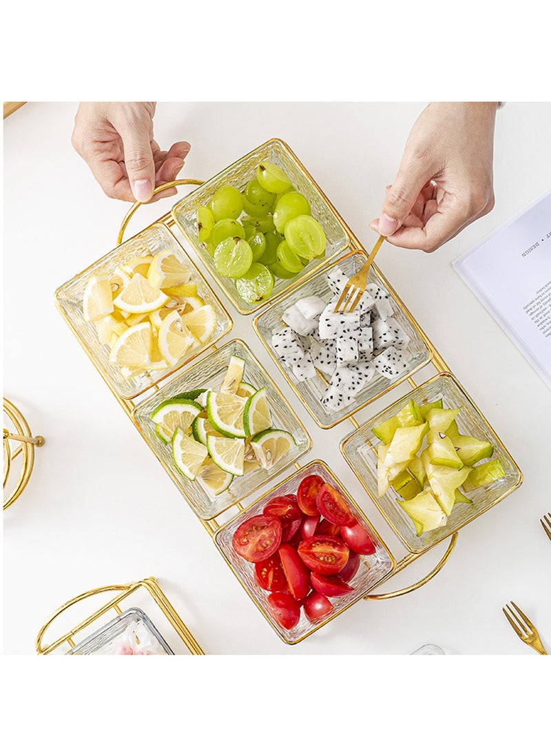 Snack Serving Tray with Lid 6 Clear Candy and Nut Serving Container set with Metal Rack, Plastic Appetizer Platter Relish Storage Organizer Plate Food Display Bowls for Vegetables Candy Fruit Dips