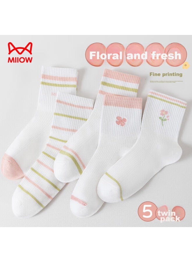 MIIOW 5-pair Set Women's Socks, Mid-calf Socks, Summer Fashion Casual Women's Socks, Breathable Solid Color Long Socks, Elastic Cotton Socks For Women - Image 2