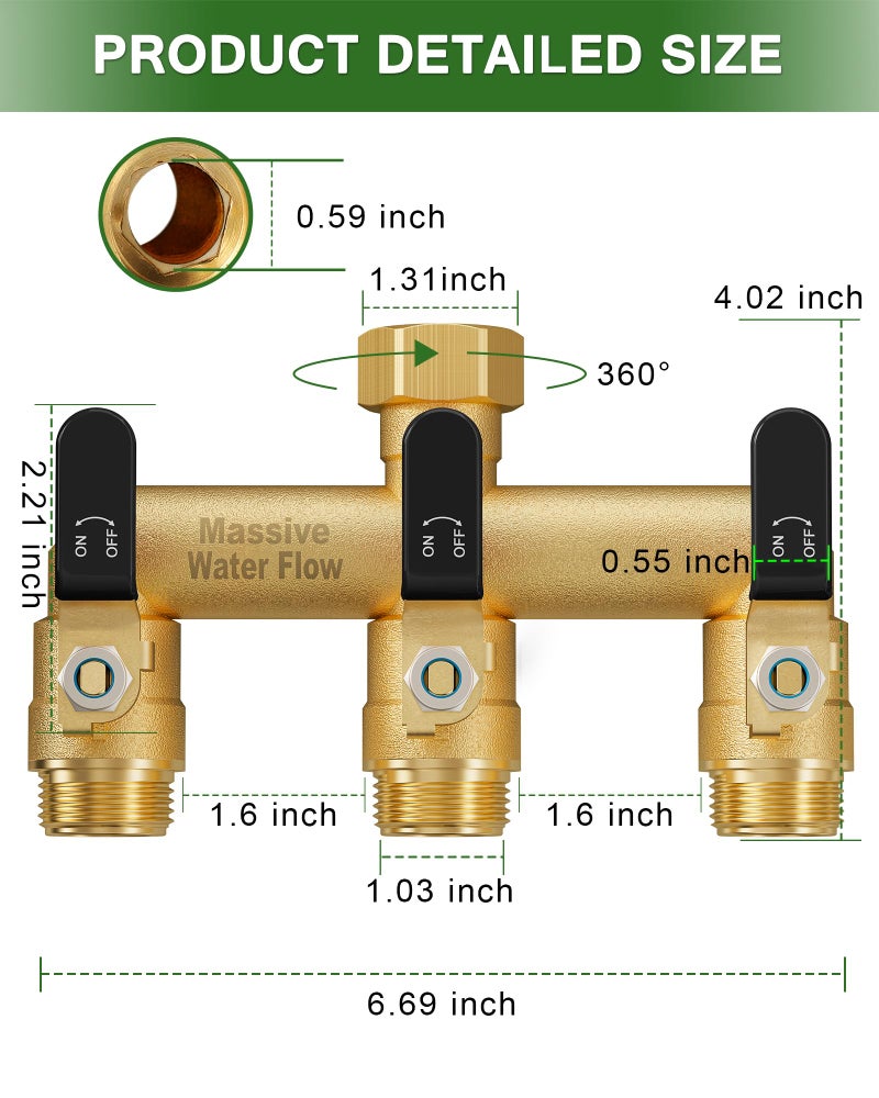 LNEZCDB 3 Way Hose Splitter, Heavy Duty Full Flow Garden Water Hose Bib Spigot Splitter, Brass Rust and Freeze Resistant Outdoor Faucet Splitter, T Adapter Connector with 3/4 - Inch GHT Thread （Black） - Image 2