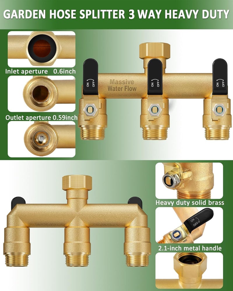 LNEZCDB 3 Way Hose Splitter, Heavy Duty Full Flow Garden Water Hose Bib Spigot Splitter, Brass Rust and Freeze Resistant Outdoor Faucet Splitter, T Adapter Connector with 3/4 - Inch GHT Thread （Black） - Image 4