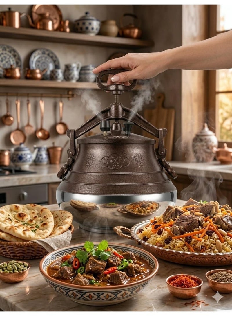 Afghan Pressure Cooker 15L Traditional Deg Cast Aluminium Stainless Steel Base Damkash Biryani Rice Qorma Pulao Cooker Vintage Design Brown 15 Litre. - Image 3