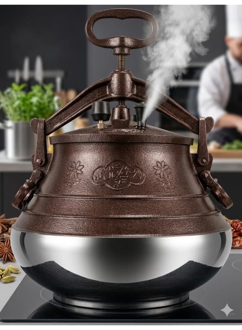 Afghan Pressure Cooker 15L Traditional Deg Cast Aluminium Stainless Steel Base Damkash Biryani Rice Qorma Pulao Cooker Vintage Design Brown 15 Litre. - Image 2