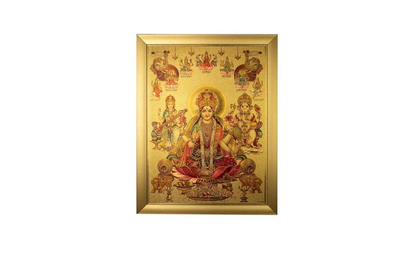 ANAADI Anaadi Laxmi Ganesh Saraswati Ji Big Size Thick Paper Golden Glitter Print Photo Frame Laxmi Ji Wall Dcor Painting for Home Temple and Office Room Diwali Special 12X18 inch GLD10 - Image 1