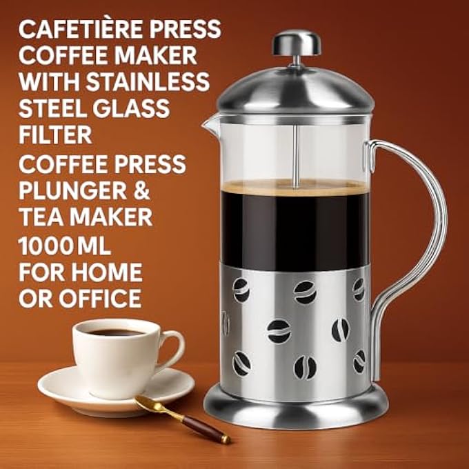 FITTO Cafetiere Press Coffee Maker With Stainless Steel Glass Filter Coffee Press Plunger  Tea Maker 1000Ml For Home Or Office - Image 4