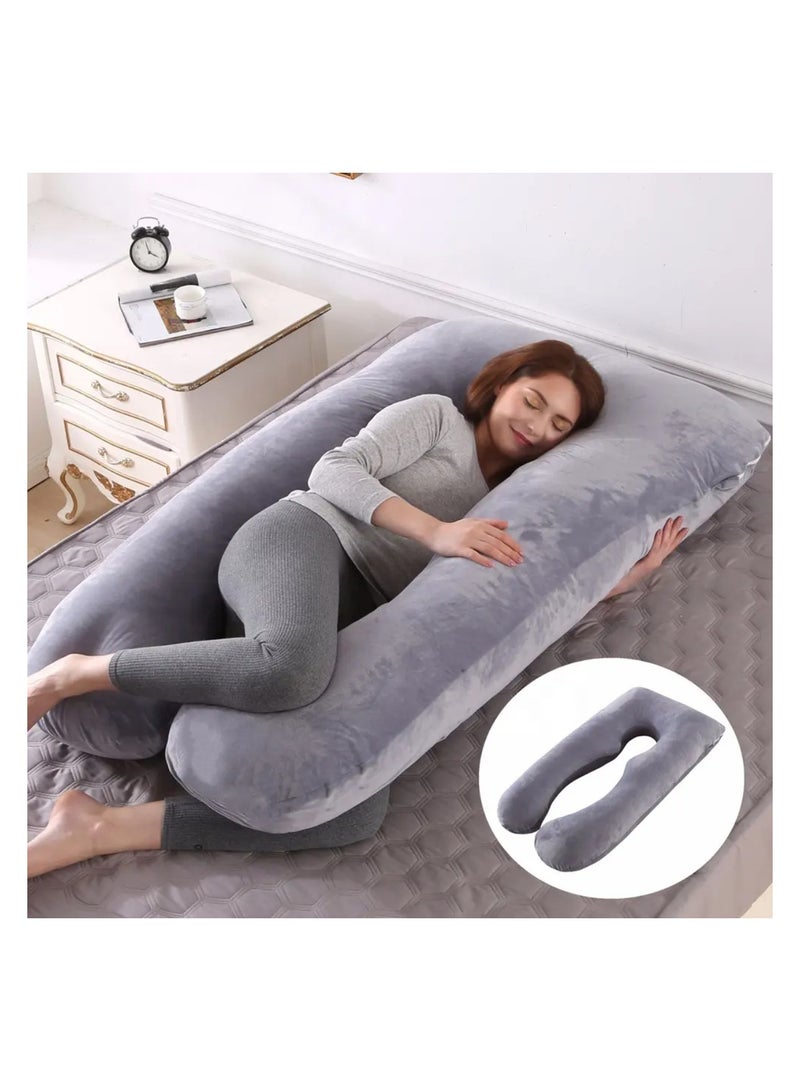 U-Shaped Pregnancy Body Pillow, Velvet Maternity Support Cushion, Grey  - Image 2