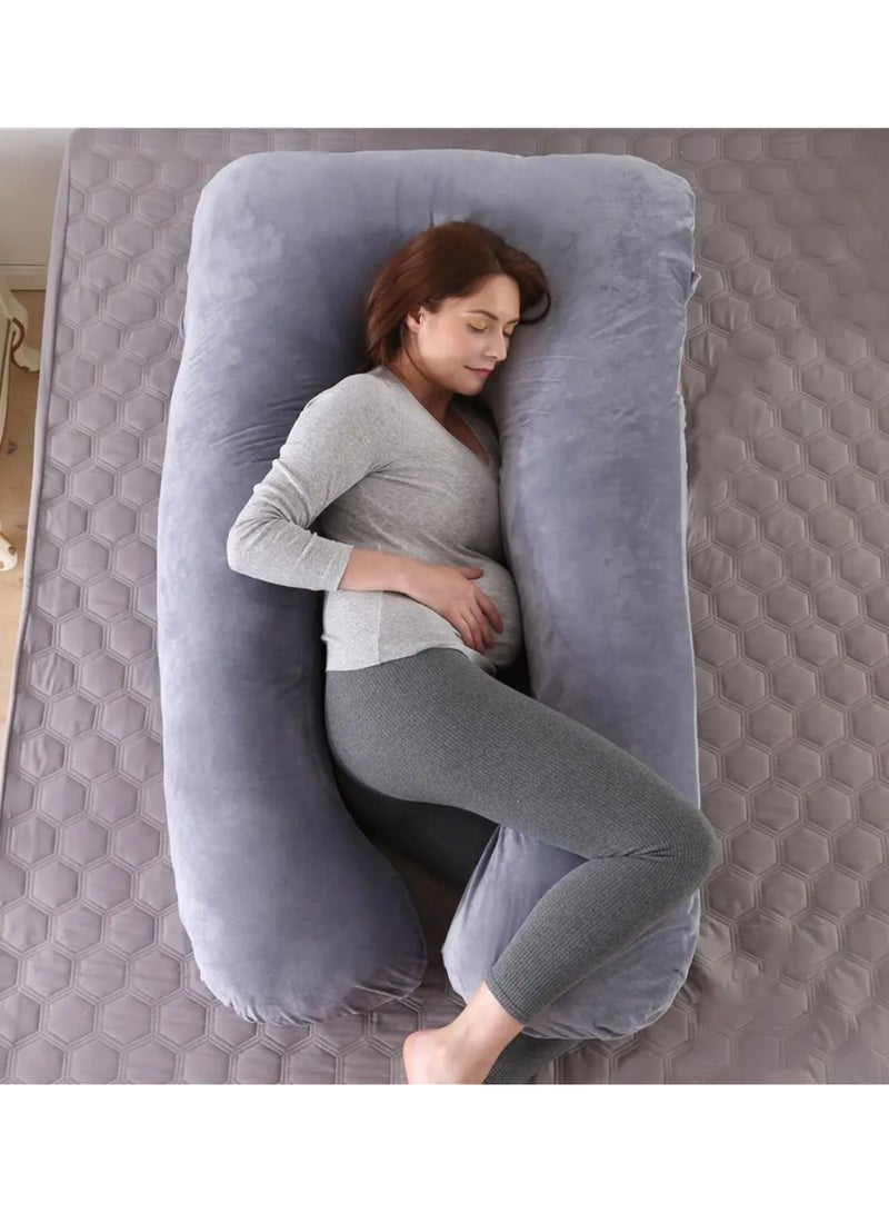 U-Shaped Pregnancy Body Pillow, Velvet Maternity Support Cushion, Grey  - Image 3