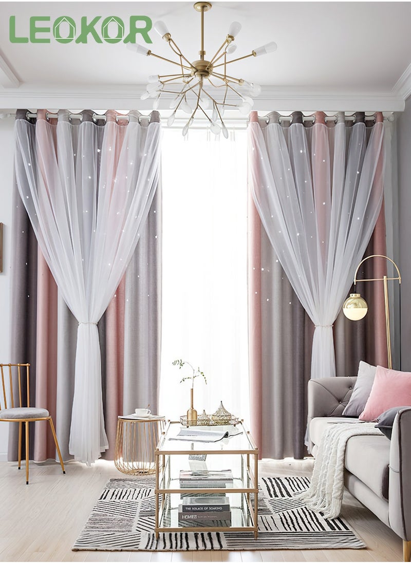 LEOKOR 2 Panels Star Blackout Curtains Double Layer Star Cut Out Stripe Gradient Window Curtains 134x183CM  - Image 1