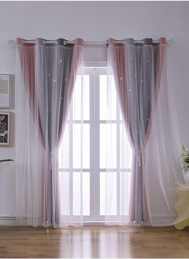 LEOKOR 2 Panels Star Blackout Curtains Double Layer Star Cut Out Stripe Gradient Window Curtains 134x183CM  - Image 2