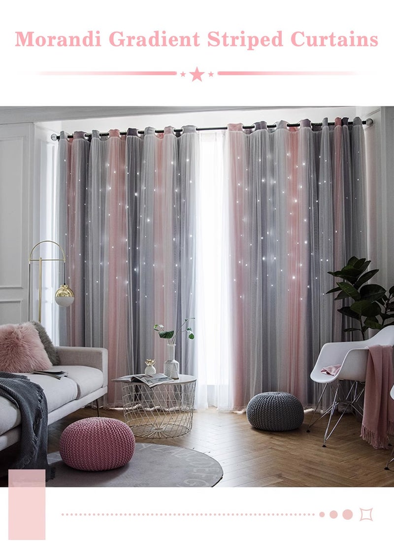 LEOKOR 2 Panels Star Blackout Curtains Double Layer Star Cut Out Stripe Gradient Window Curtains 134x183CM  - Image 3