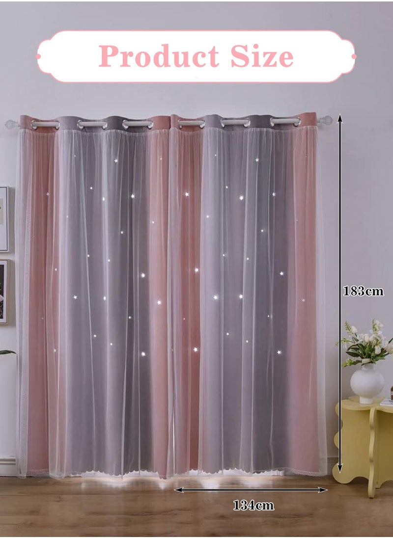LEOKOR - 2 Panels Star Blackout Curtains Double Layer Star Cut Out Stripe Gradient Window Curtains 134x183CM - Image 1