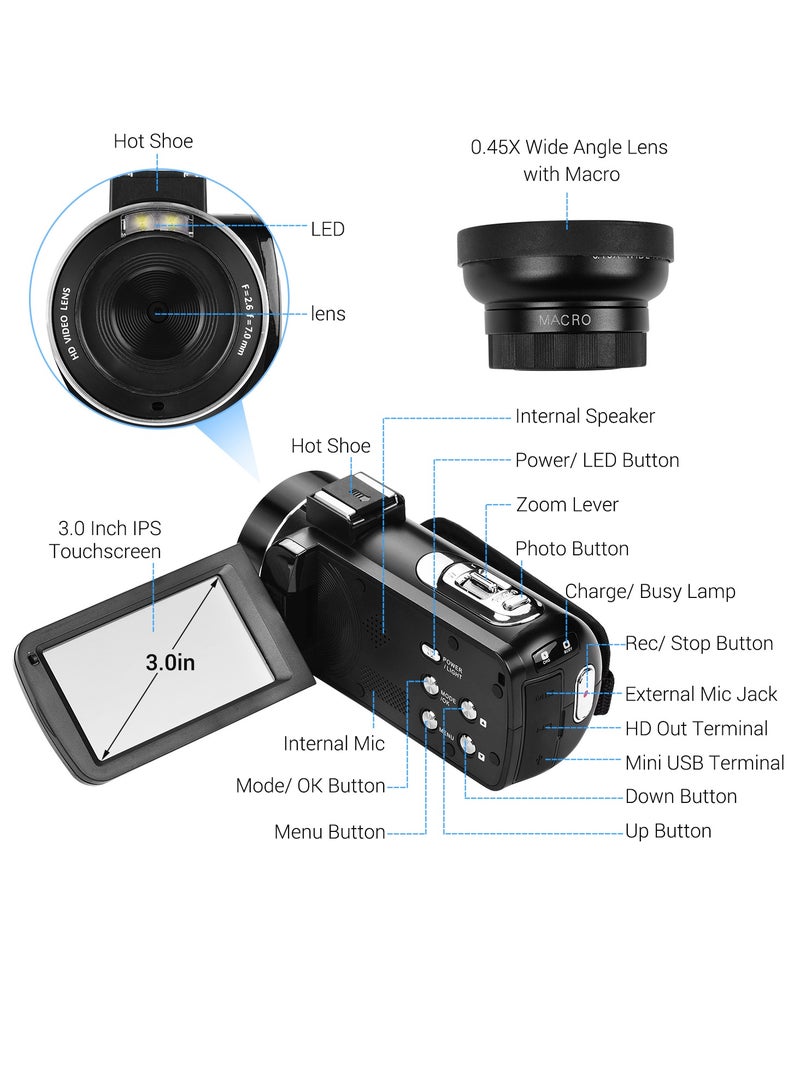 4K Ultra HD Handheld DV Professional Digital Video Camera CMOS Sensor   Camcorder with 0.45X Wide Angle Lens with Macro Hot Shoe Mount 3.0 Inch IPS Monitor Burst Shooting Anti-Shaking Function