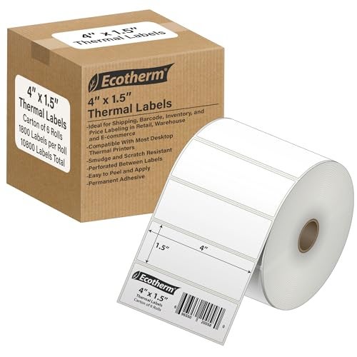 Ecotherm 4" x 1.5" Thermal Labels | 6 Rolls | 10800 Labels | fits Zebra, Munbyn, Rollo, Godex, Arkscan, iDPRT, Offnova Thermal Label Printers and More | Blank White Adhesive Stickers by Ecotherm - Image 1