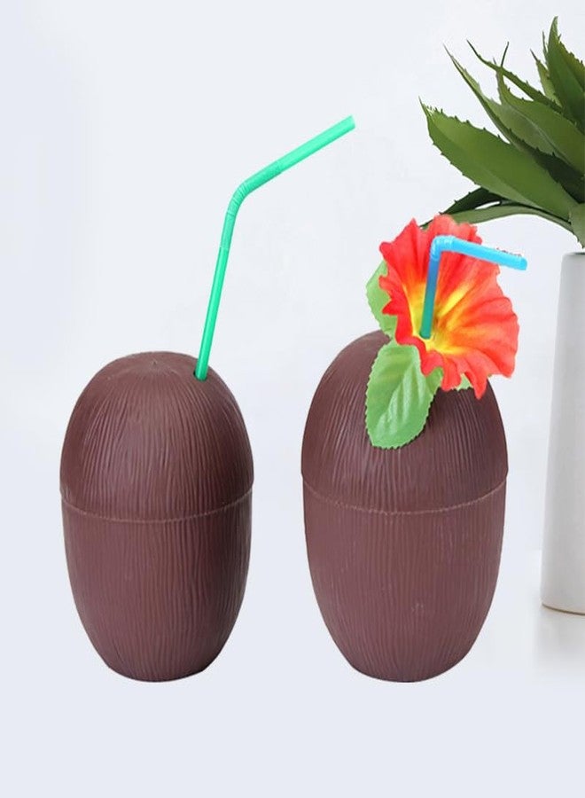 ULDIGI 2Pcs 17Oz Coconut Drink Cups with Detachable Base Plastic Tiki Party Cups for Hawaiian Beach Luau Bar Party Supplies with Decorative Straws - Image 3