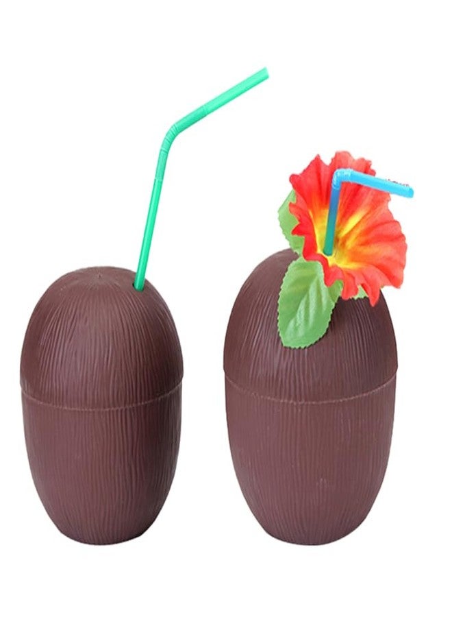 ULDIGI 2Pcs 17Oz Coconut Drink Cups with Detachable Base Plastic Tiki Party Cups for Hawaiian Beach Luau Bar Party Supplies with Decorative Straws - Image 1