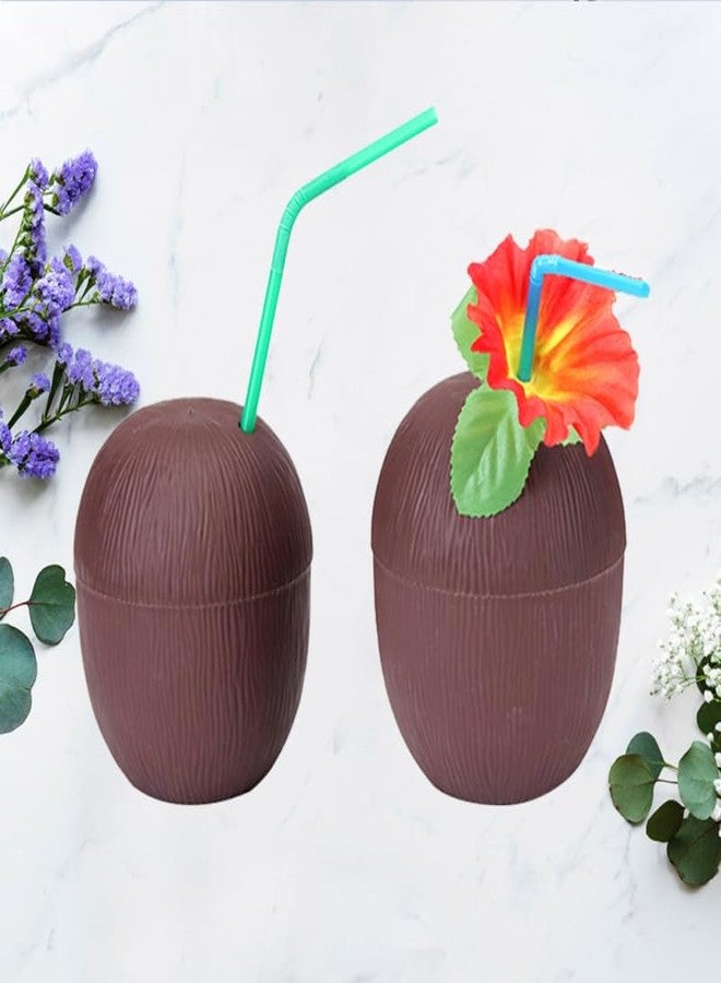ULDIGI 2Pcs 17Oz Coconut Drink Cups with Detachable Base Plastic Tiki Party Cups for Hawaiian Beach Luau Bar Party Supplies with Decorative Straws - Image 2