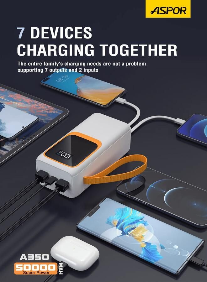 Aspor A350 22.5w Outdoor Travel LED Digital Display Portable Mobile Charger Large Capacity Usb Power Bank 50000mAh - Image 2
