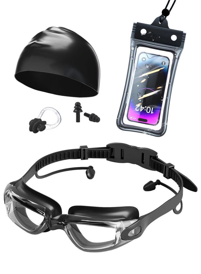 Generic Swimming Goggle Set with Earplugs,Swimming Cap,Nose Clip and Waterproof Phone Case Anti-fog UV Protection No Leakage Clear Vision Easy to Adjust - Image 1