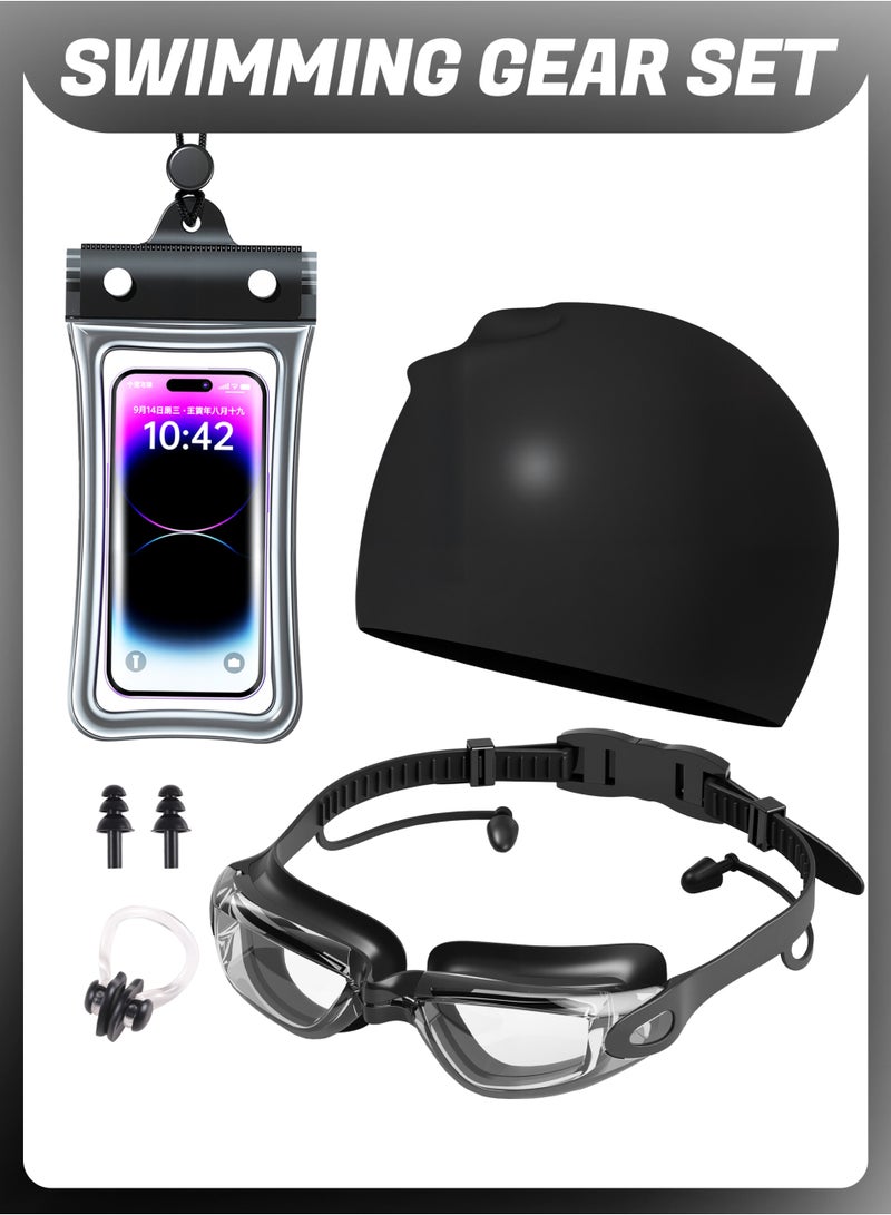 مجموعة نظارات السباحة مع سدادات الأذن ، قبعة السباحة ، مشبك الأنف وحافظة هاتف مقاومة للماء حماية من الأشعة فوق البنفسجية لا تسرب رؤية واضحة سهلة الضبط - Image 1