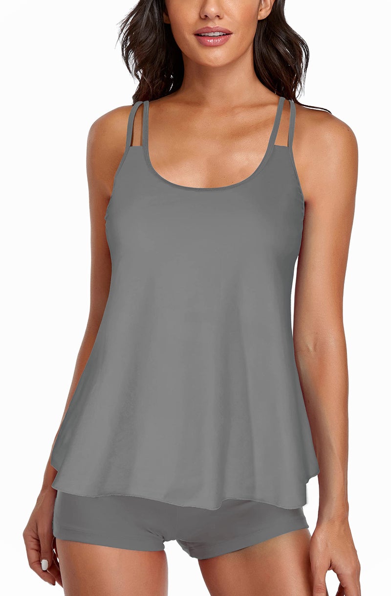 Omichic Bathing Suits Tankini Swimsuits for Women's Bikini Swimsuit Two Piece Long Tank Top with Boyshorts Small Light Grey - Image 3