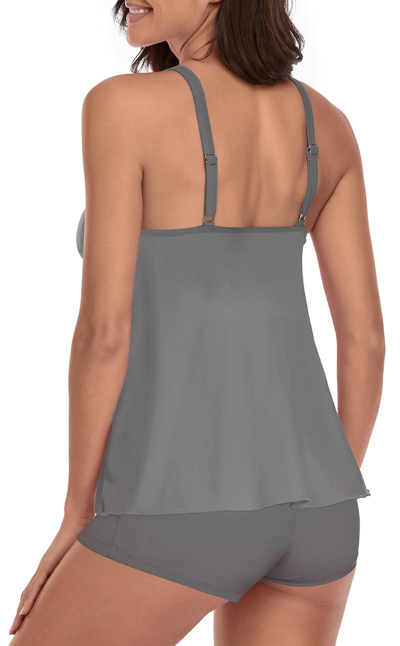 Omichic Bathing Suits Tankini Swimsuits for Women's Bikini Swimsuit Two Piece Long Tank Top with Boyshorts Small Light Grey - Image 2